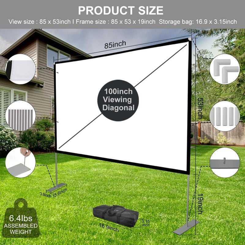 SKERELL Outdoor Projector Screen with Stand 100 Inch: Portable Projection Screen 16:10 4K HD Outdoor Movie Screen with Carry Bag for Home Backyard Theater - Image 2